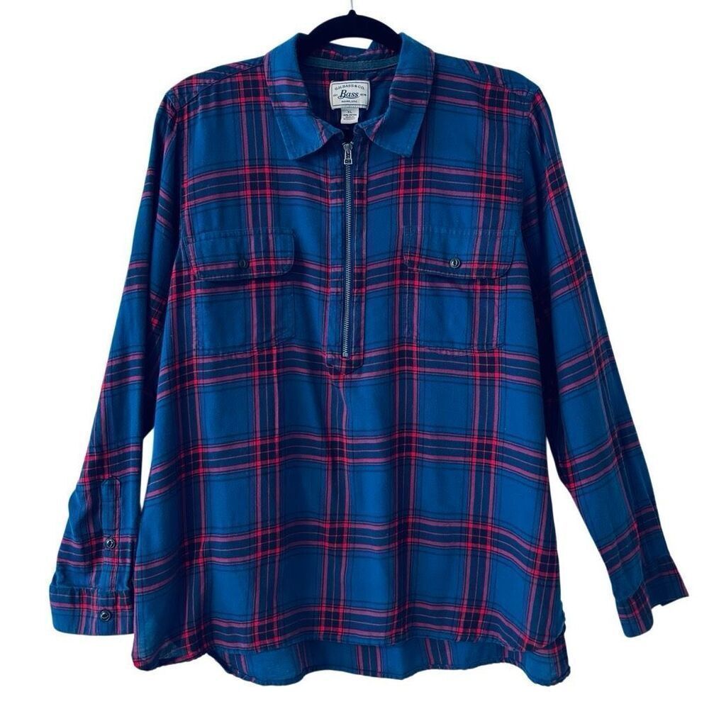 G. H. Bass & co. XL cotton plaid flannel quarter zip blue & red collar shirt